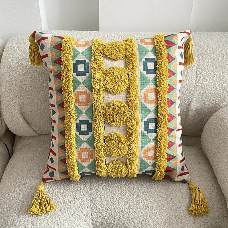 Housse de coussin brodée style bohémien, taie d'oreiller ethnique jaune et vert avec pompons, décora