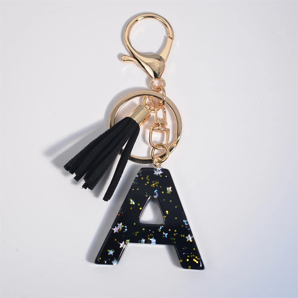 A-Z noir gland lettres porte-clés paillettes étoile résine initiales porte-clés pour voiture porte-c