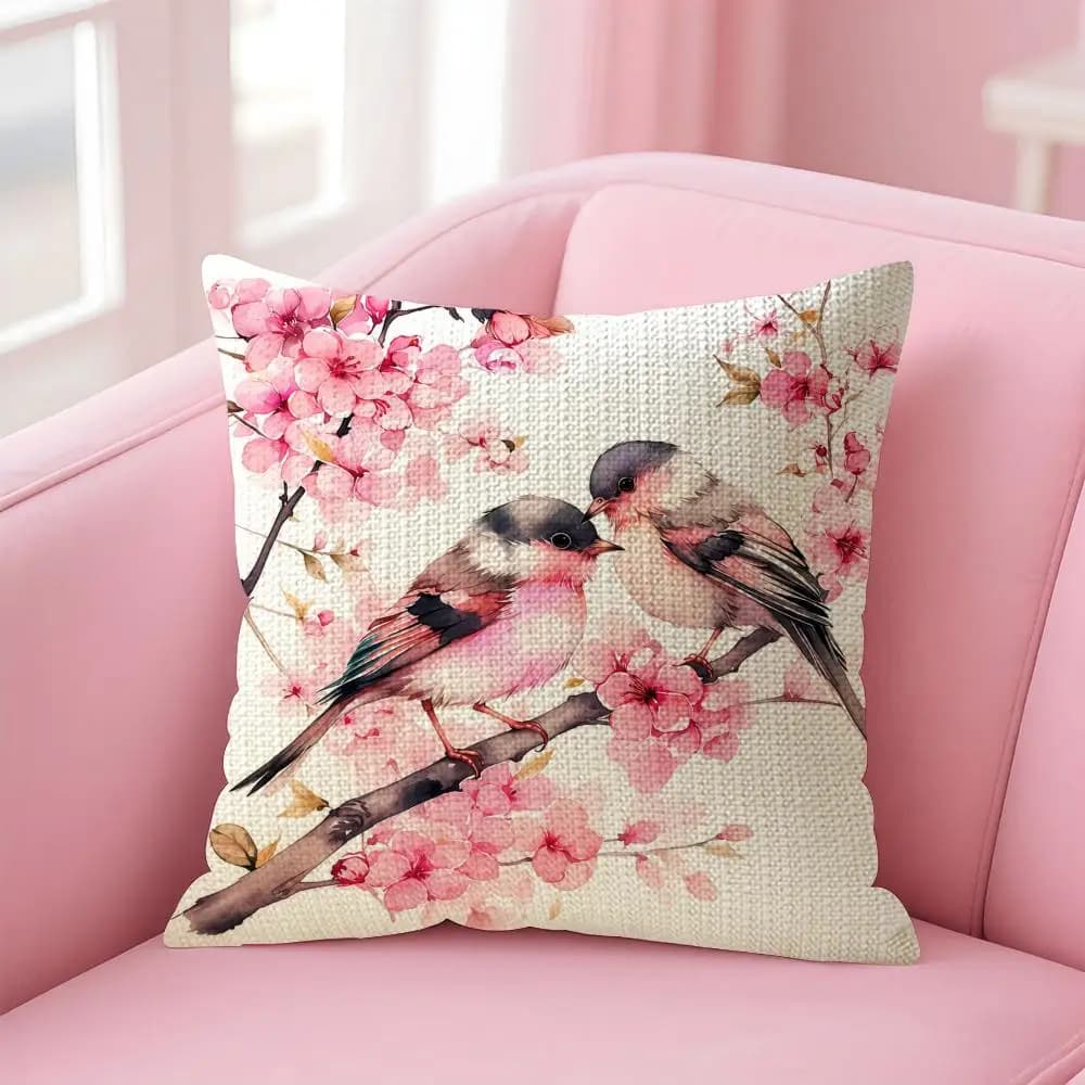 Housse de coussin en lin naturel avec imprimé cerisier japonais, taie d'oreiller décorative double f