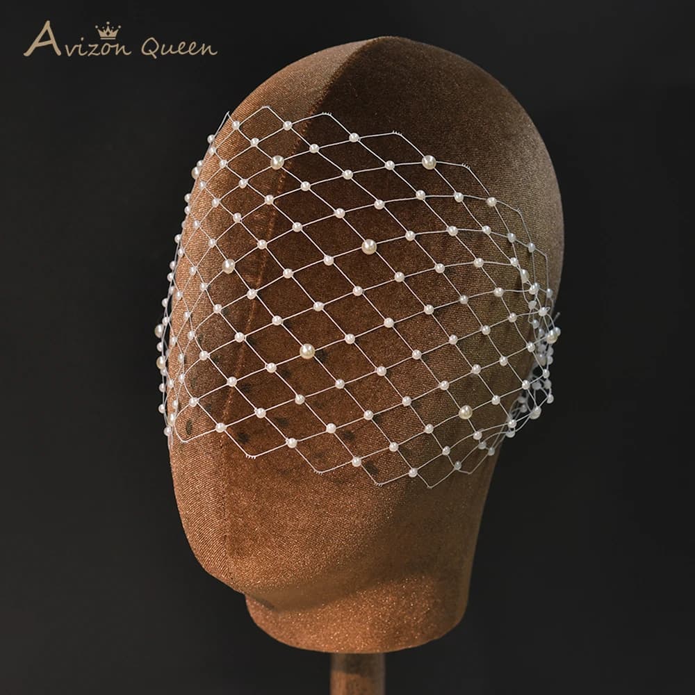 TOPQUEEN Imitation perle embelli voile de mariée accessoires de mariage maille blanche femmes cage à