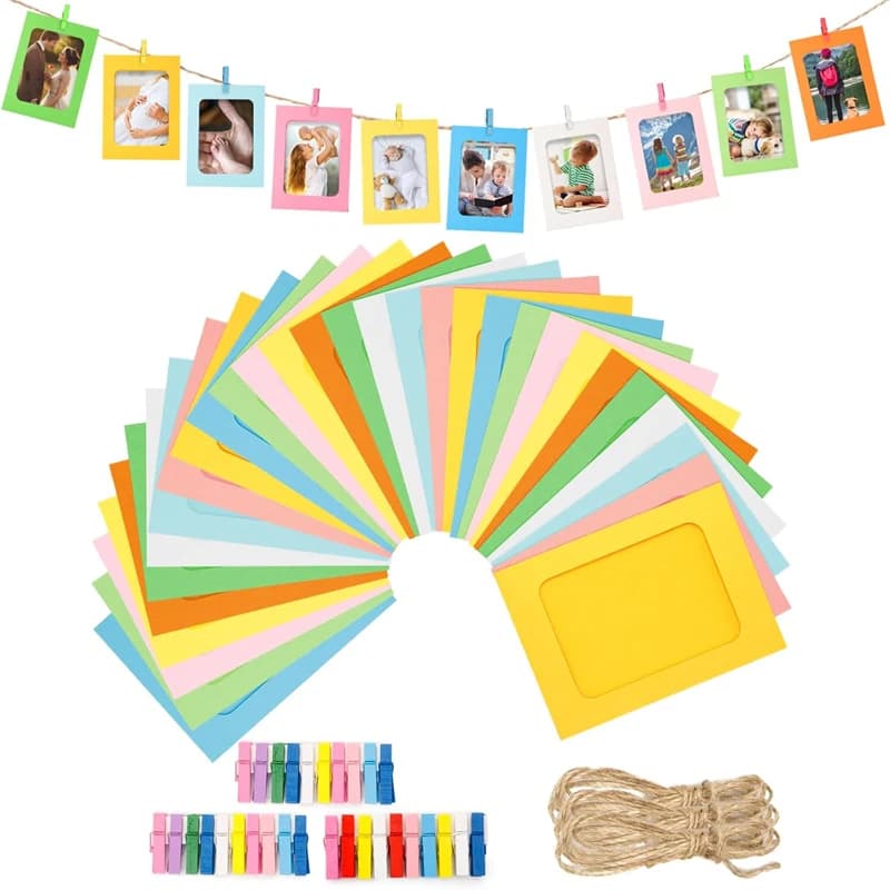 30 cadres photo en papier – Cadres photo colorés 4x6'' en carton avec clip et cordon pour photos
