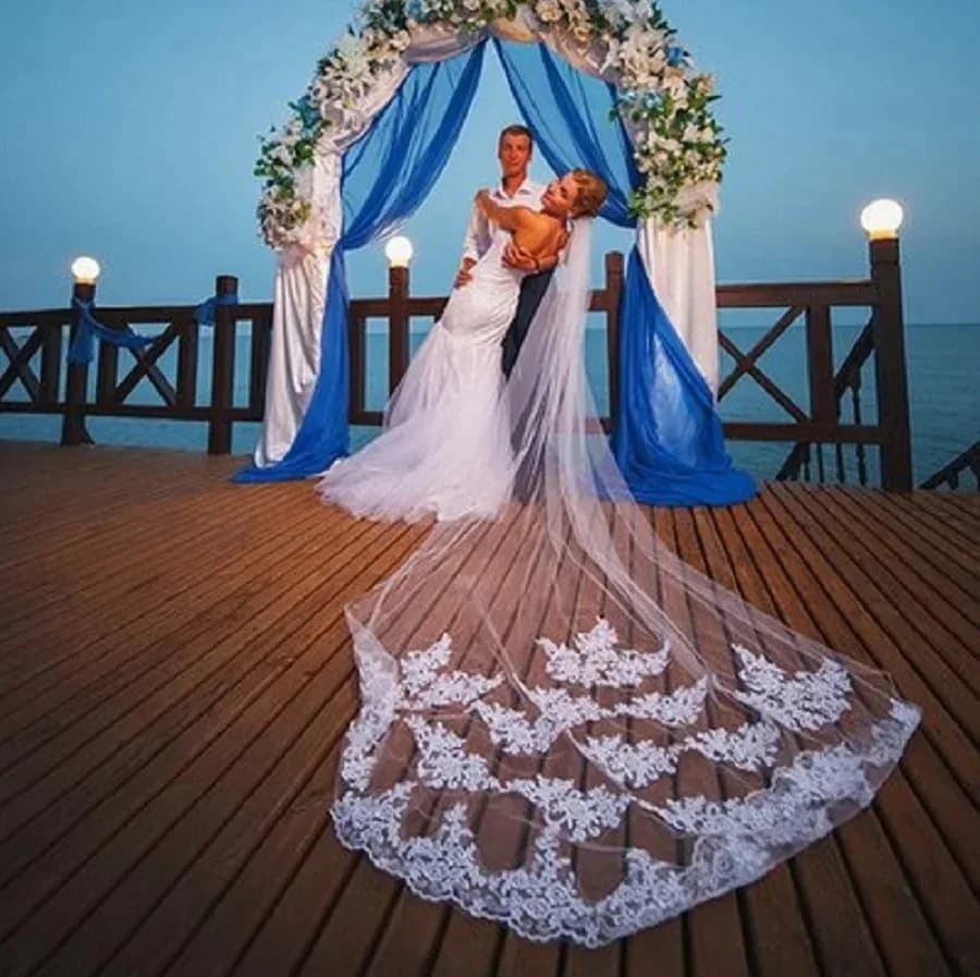 Voile de mariée blanc 3M avec peigne et bordure en dentelle, style cathédrale, pour mariage