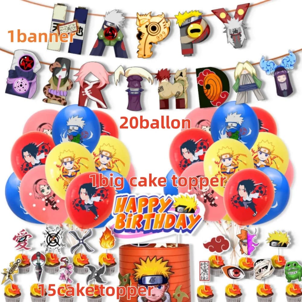 Naruto Anime décoration de gâteau d'anniversaire vaisselle bannière ballons en latex accessoires Kit