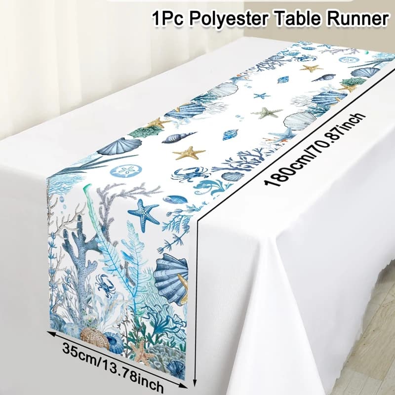 Chemin de table thème Océan Bleu avec étoiles de mer, coquillages et coraux pour l'été, décoration d