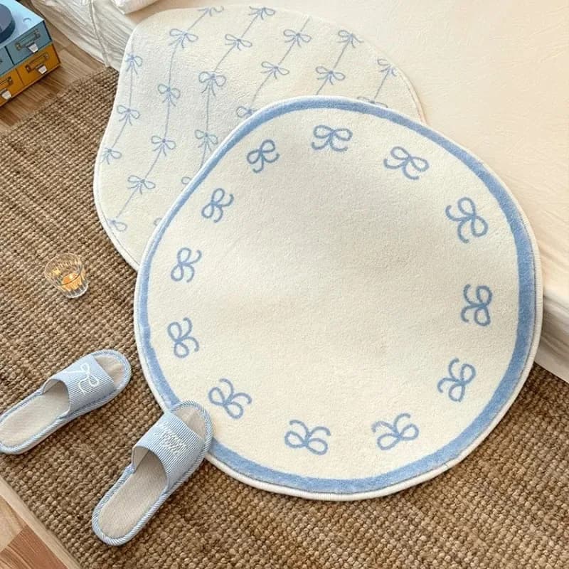 Tapis rond doux et moelleux bleu avec nœud papillon, idéal pour chambre à coucher, salon, décoration