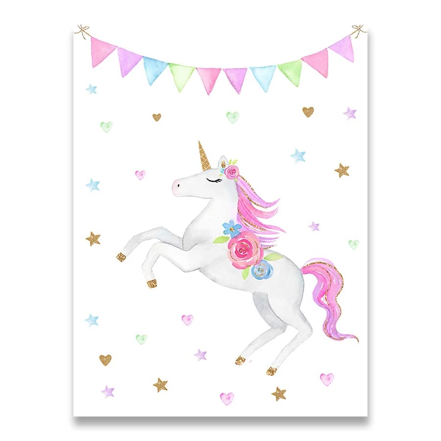 Impression murale licorne arc-en-ciel, affiche de pépinière de bébé, peinture sur toile mignonne, dé