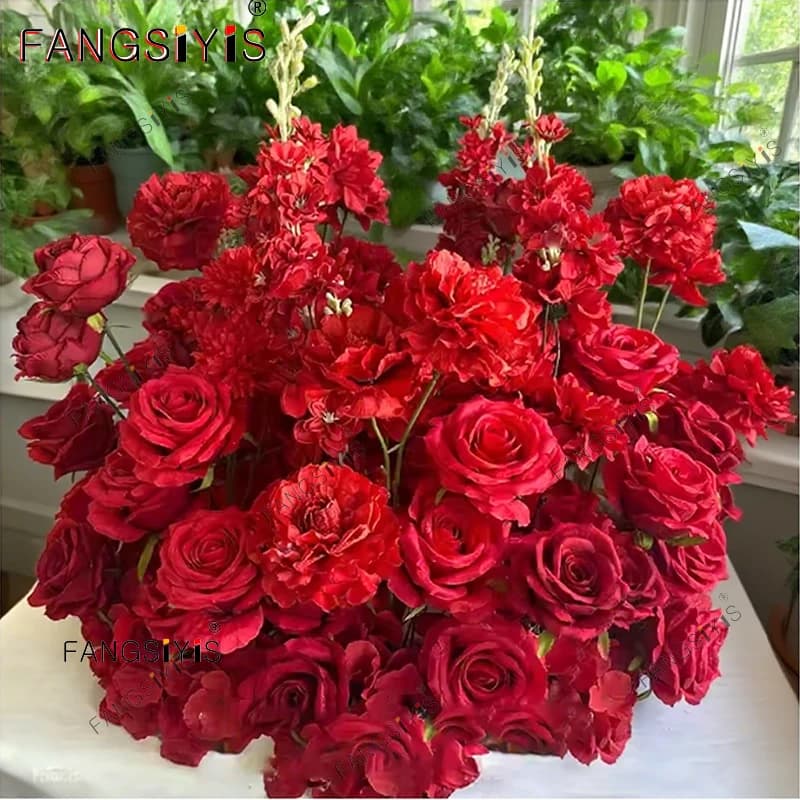 Série rouge romantique, rangée de fleurs de roses, décor de Table, canapé, chemin, accessoires d'arr