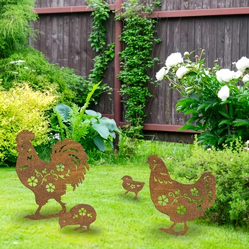 Ensemble de 4 piquets de jardin en métal rustique en forme de famille de poulets, art de jardin en a