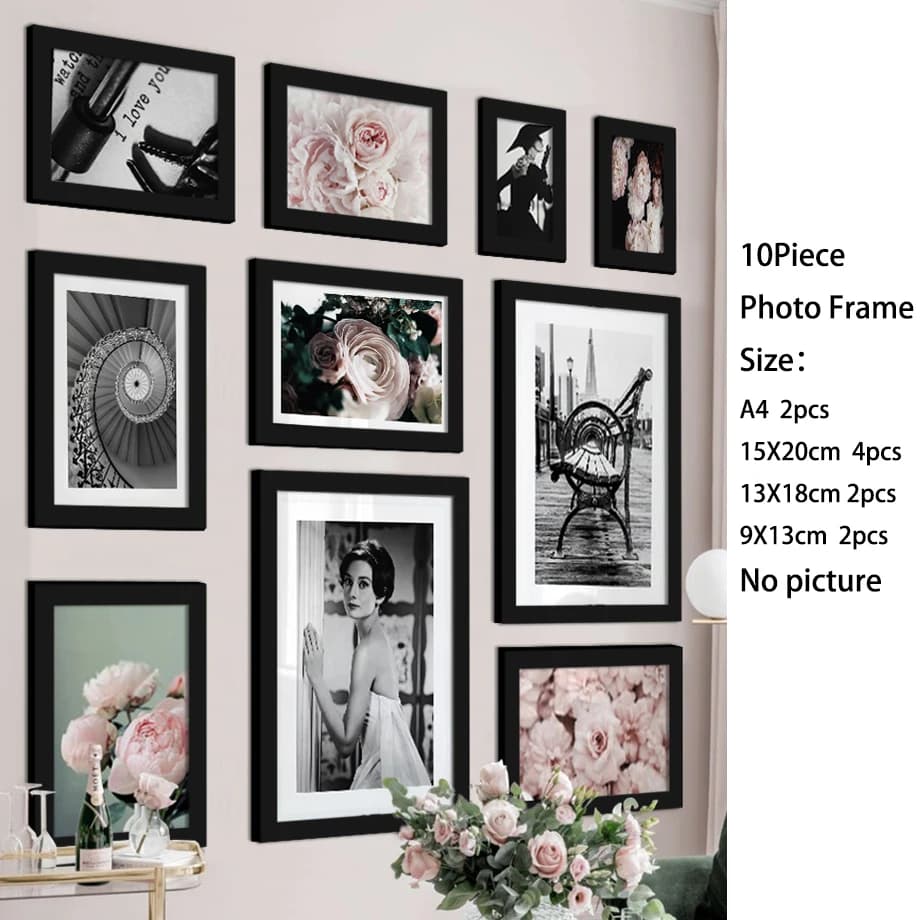 Cadre photo de famille en bois avec plexiglas, kit de galerie murale, classique, 10 pièces
