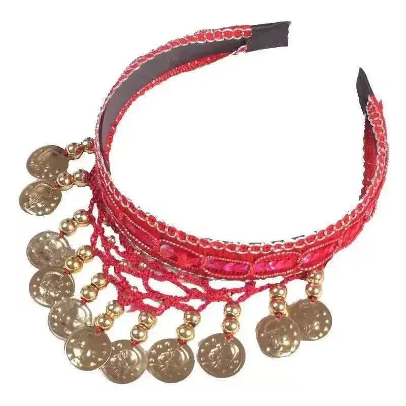 Serre-tête ethnique rétro pour danse du ventre avec franges de sequins rouges, coiffe décorative per