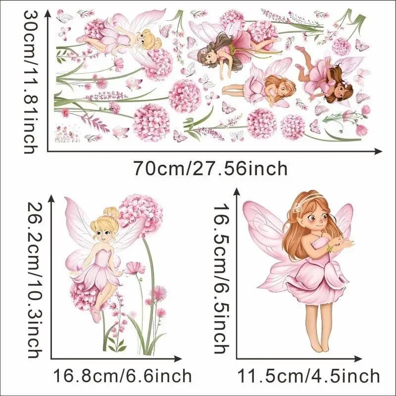 Autocollants muraux de dessin animé, fée fleur rose, pissenlit, papillon floral, pour chambre de fil