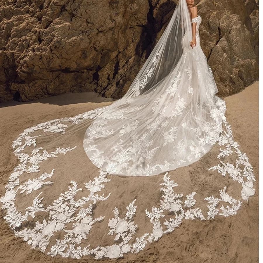 Voile de mariée personnalisé style cathédrale avec appliques en dentelle, accessoires de mariage pou