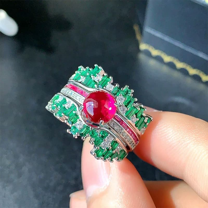 KQDANCE Vintage créé bleu saphir rouge rubis vert émeraude pierres précieuses anneaux deux pièces en