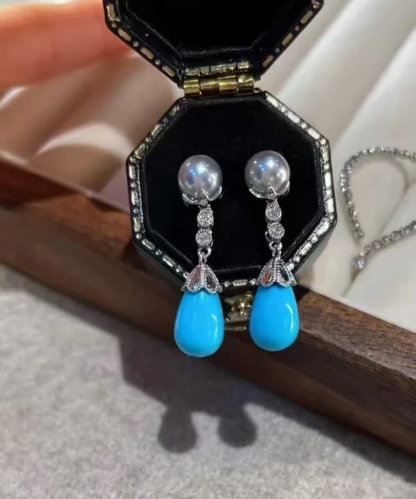 Boucles d'oreilles de créateur en argent Sterling 925, Turquoise naturelle et perle Akoya, goutte d'