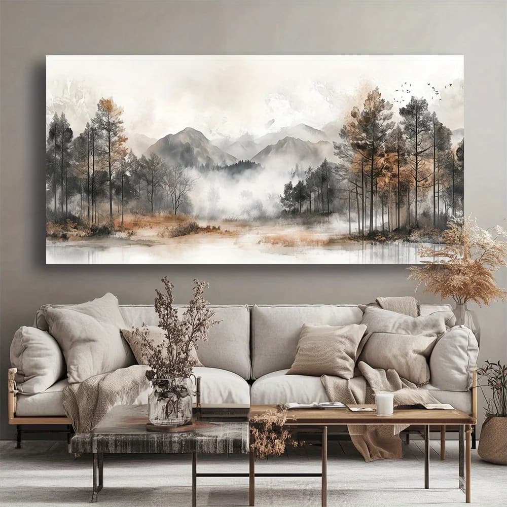 Art mural, peinture abstraite de forêt brumeuse avec vue sur les montagnes, image sans cadre pour sa