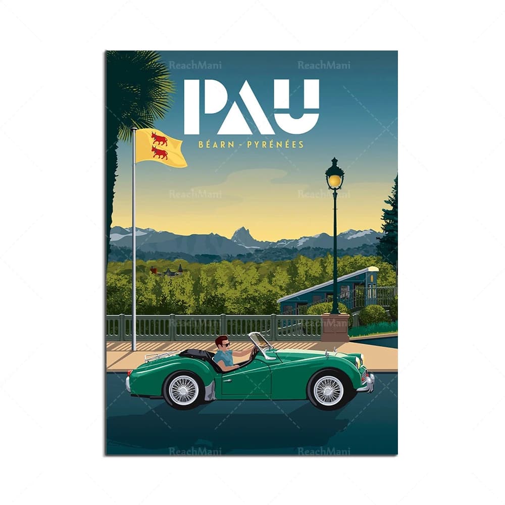 Affiche de voyage de ski de paysage de montagne, coucher de soleil, Bassin d'Arcachon Seas550, Pau-B