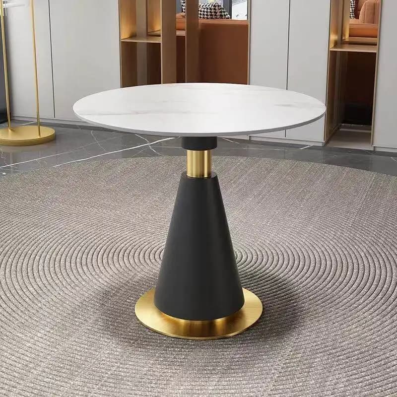Table à manger ronde moderne avec plateau en imitation marbre, base noire avec accents dorés pour sa