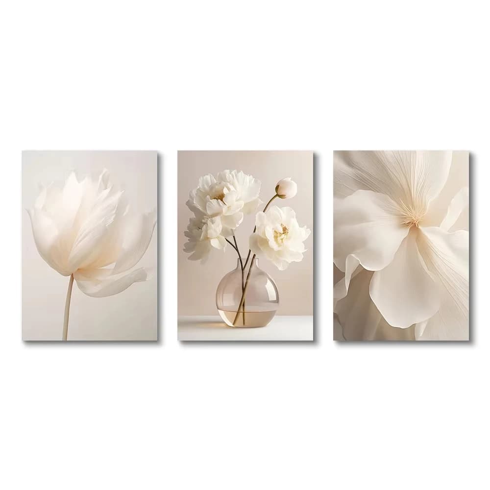 Art mural nordique beige avec fleurs de pivoine, 3 pièces, peinture sur toile non encadrée, impressi