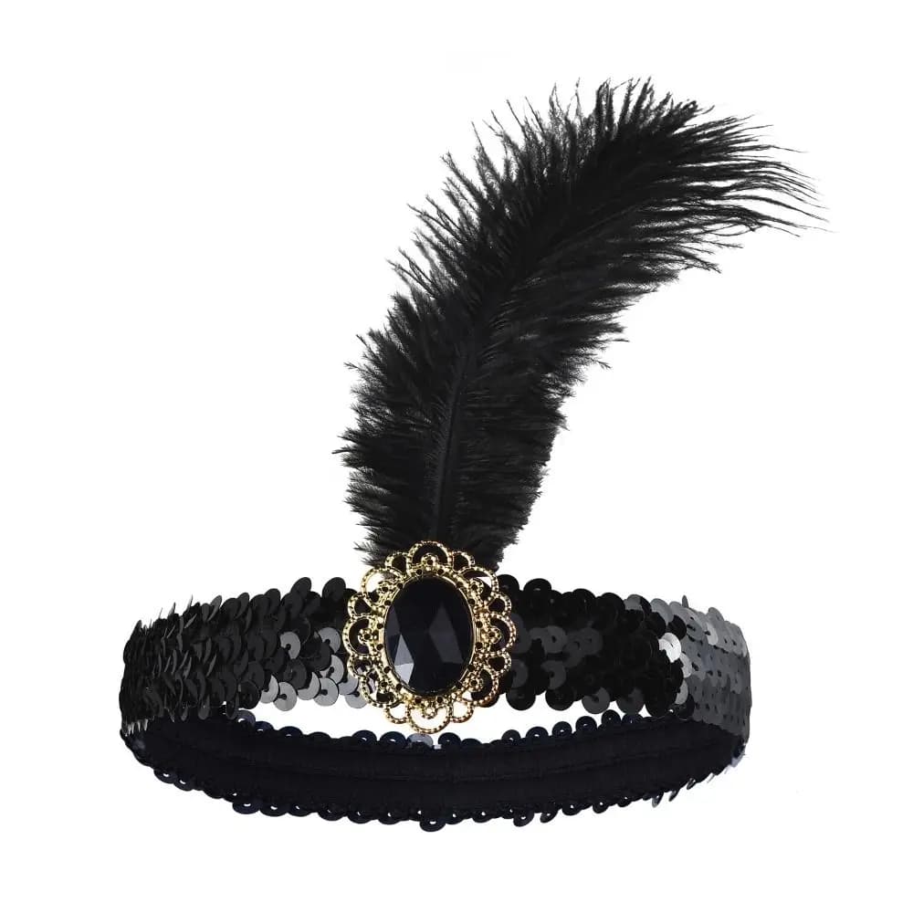 Accessoires pour cheveux : Bandeau noir à plumes, pompons et strass, pour cosplay, déguisement, maqu