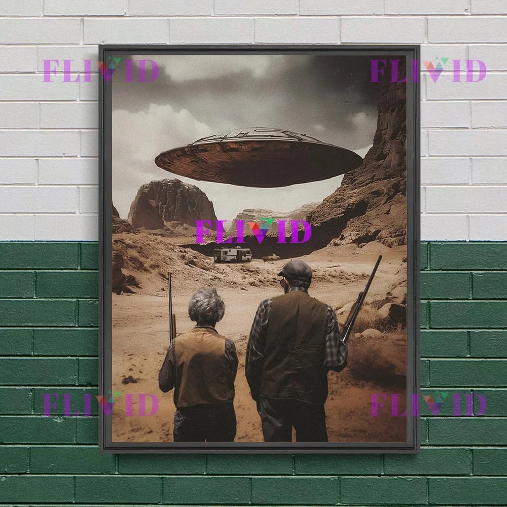 Alien Invasion Gothic Vintage Wall Art, Canvas Painting,Alien Encounter, Dark Art, Fun Poster Print,