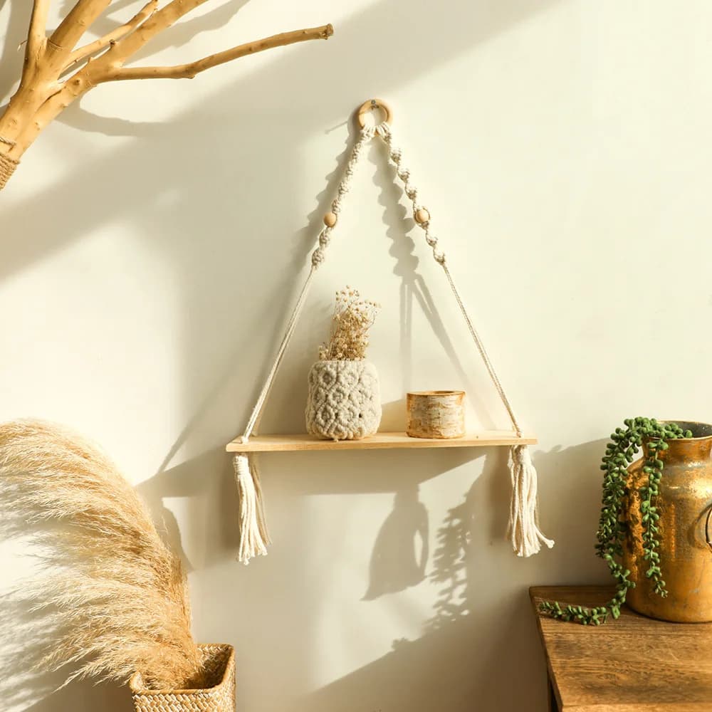 Étagères murales flottantes en macramé en bois, étagère bohème pour plantes, décoration murale rusti