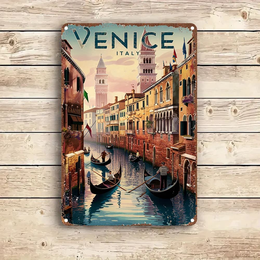 Panneau en métal vintage représentant un paysage de Venise, Italie - Art mural rustique avec des gon