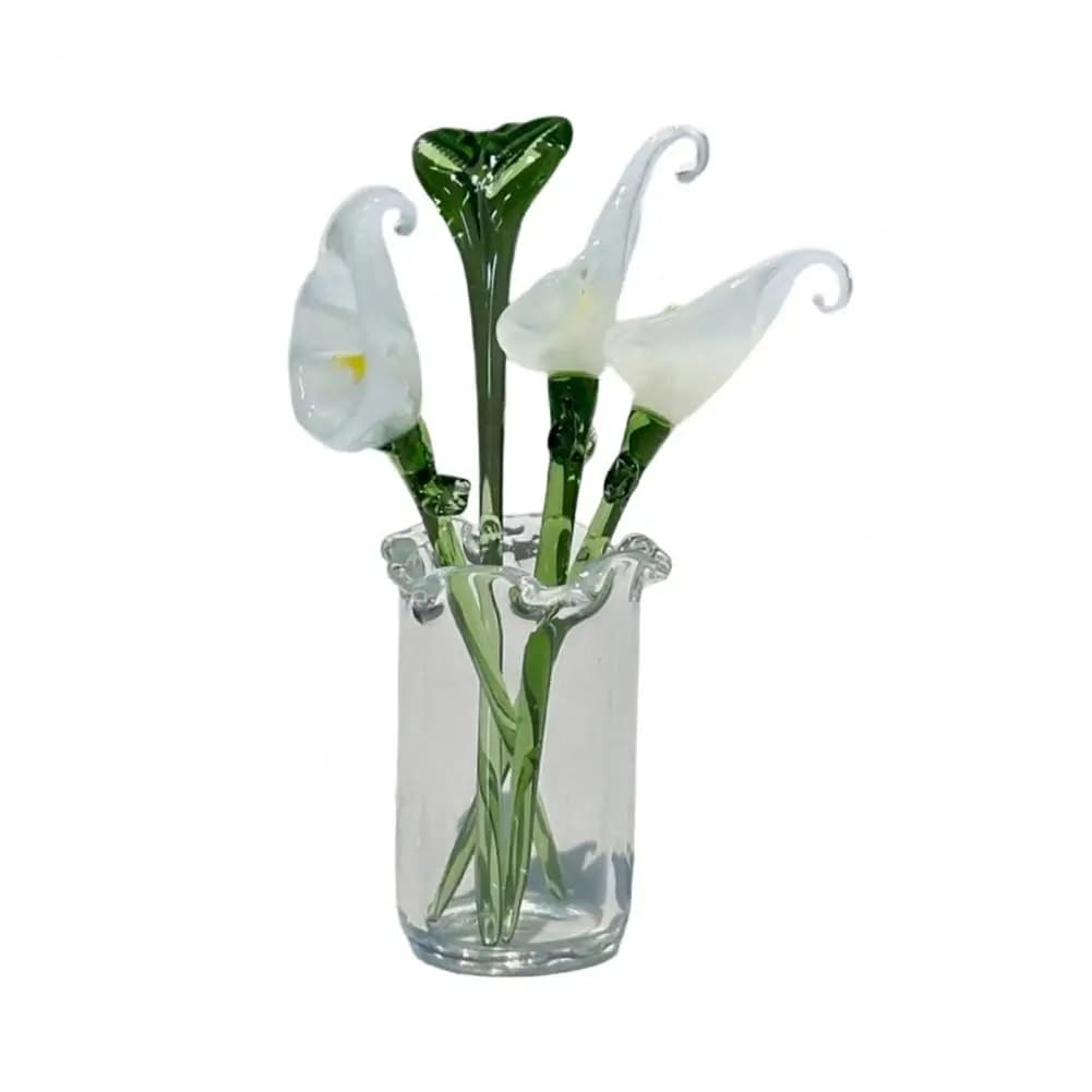Sculpture florale artisanale, Bouquet de fleurs en verre soufflé à la main avec Vase, Mini décoratio