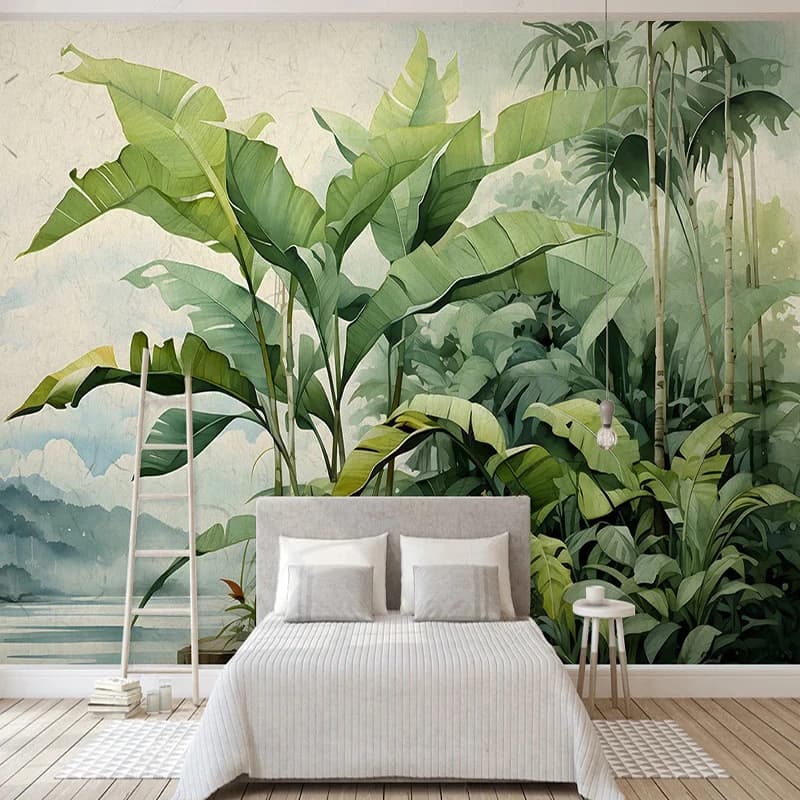 Papier peint Mural personnalisé nordique rétro rétro peint à la main plantes tropicales laisser pein