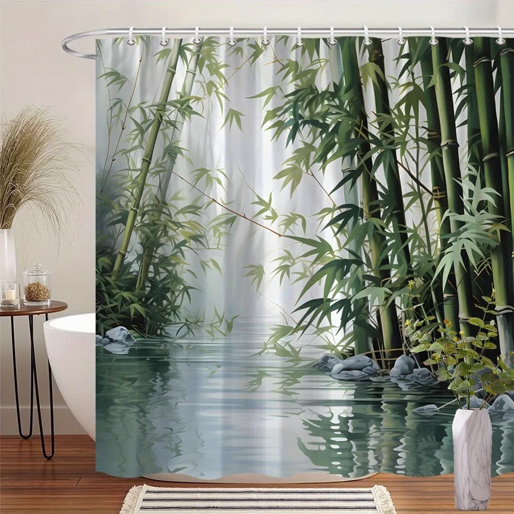 Rideau de douche Zen Bamboo 180x180cm – Design forêt minimaliste, décoration de salle de bain apaisa