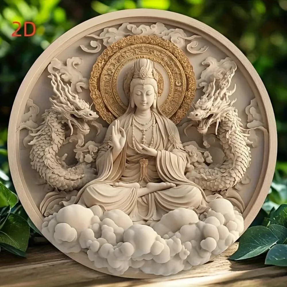 Décoration murale bouddhiste en bois Golden Dragon - Médaillon rond de 8 pouces, art zen pour la mai