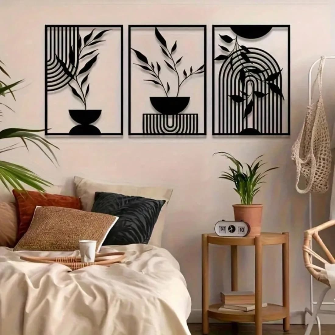 Ensemble de 3 pièces d'art mural en métal et fer noir, décor de ligne abstraite pour salon, chambre 