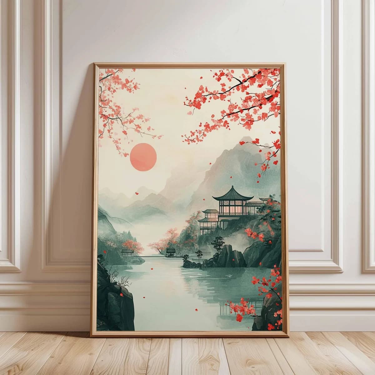 Affiche imprimée sur toile avec motif de fleurs de cerisier japonaises, style Japandi, paysage vinta