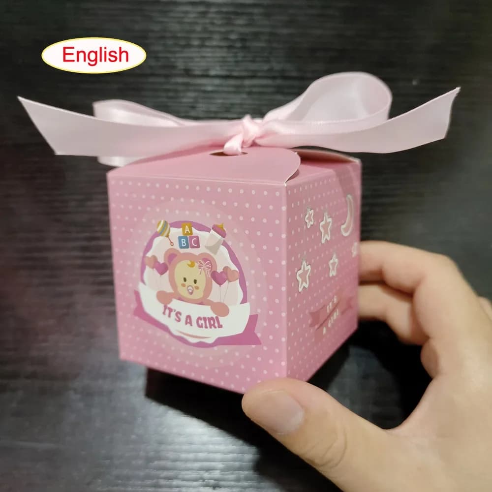 Mini boîte à bonbons carrée en papier rose et bleue pour enfants, cadeau de fête pour le 1er anniver