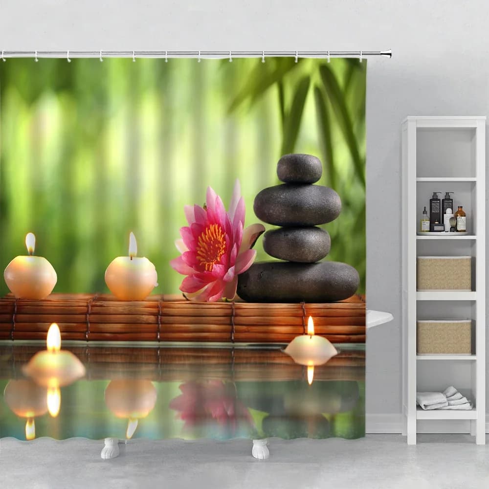 Zen – rideau de douche de jardin, Spa, bambou vert, pierre noire, fleur blanche, fournitures de déco