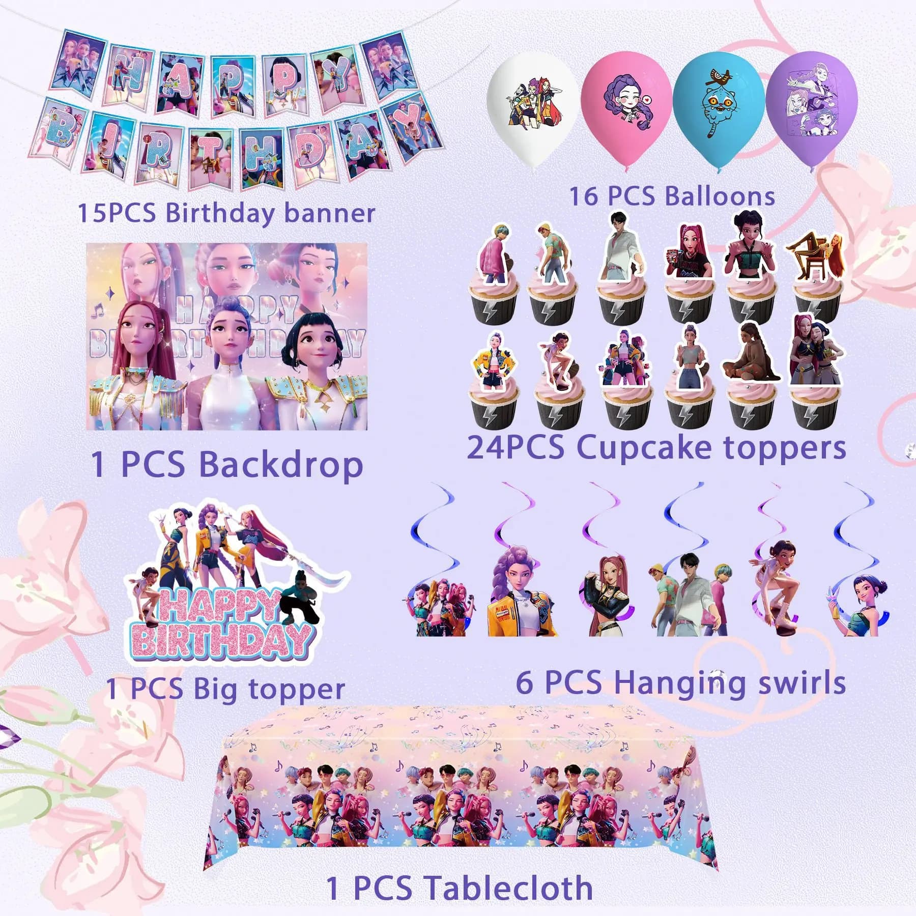 Kit de décoration de fête d'anniversaire Kpop Girl Group Demon Hunter Pink : Ensemble de vaisselle e