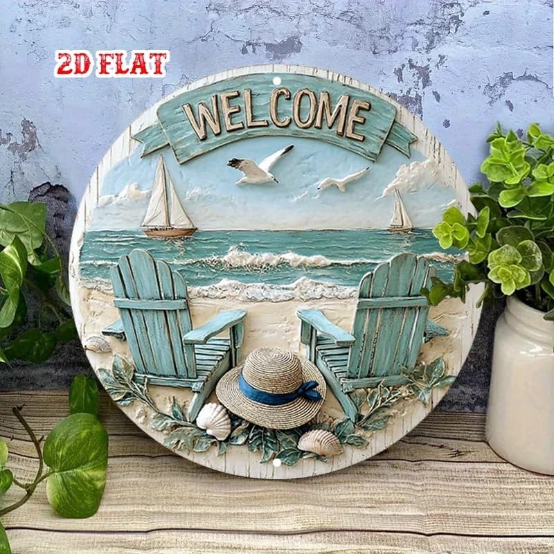 Panneau de bienvenue côtier 2D 8 pouces, circulaire en bois avec chaise de plage, bateau à voile, él
