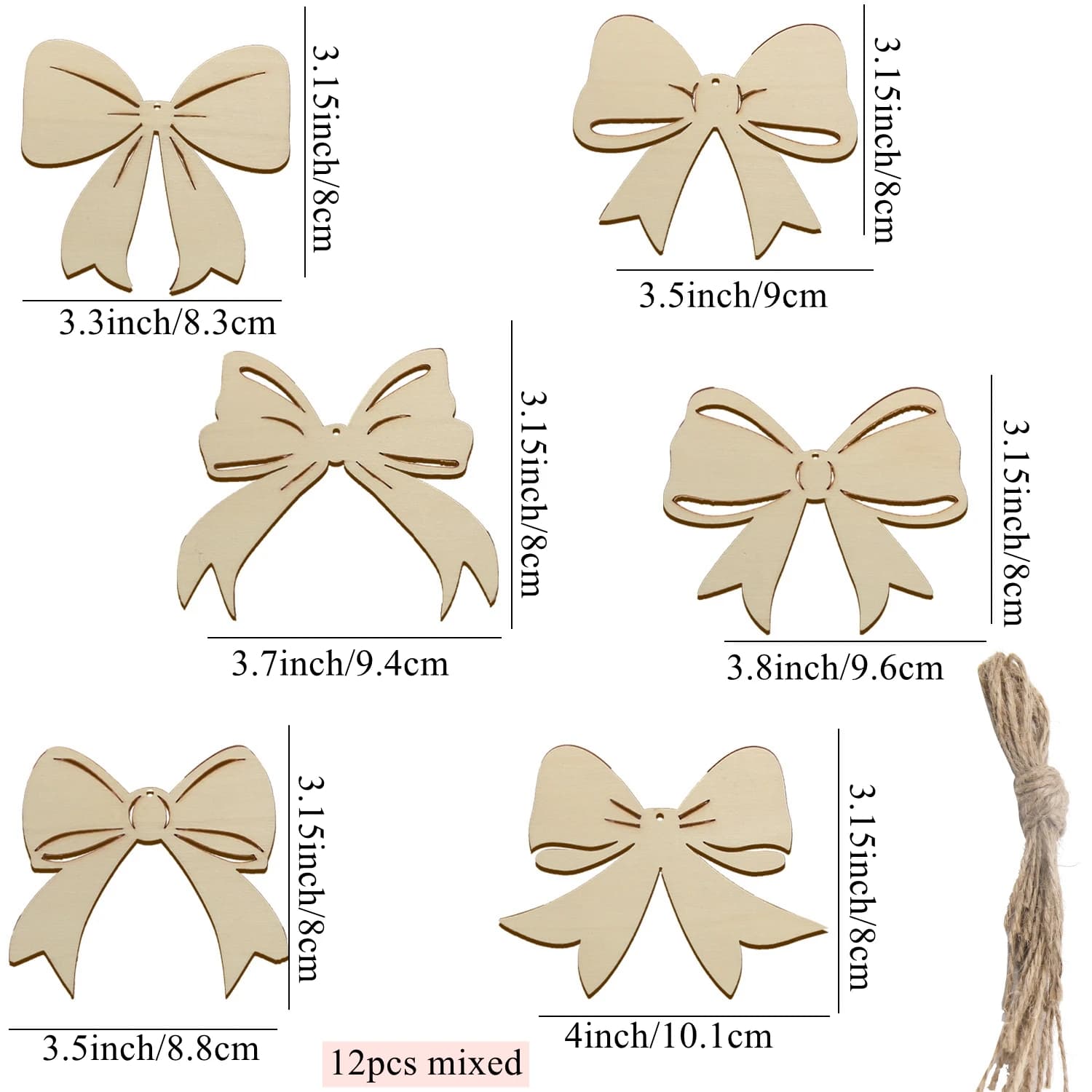 Ornement d'arc en bois mixte, 12 pièces, multi-type, artisanat suspendu non peint pour mariage, anni
