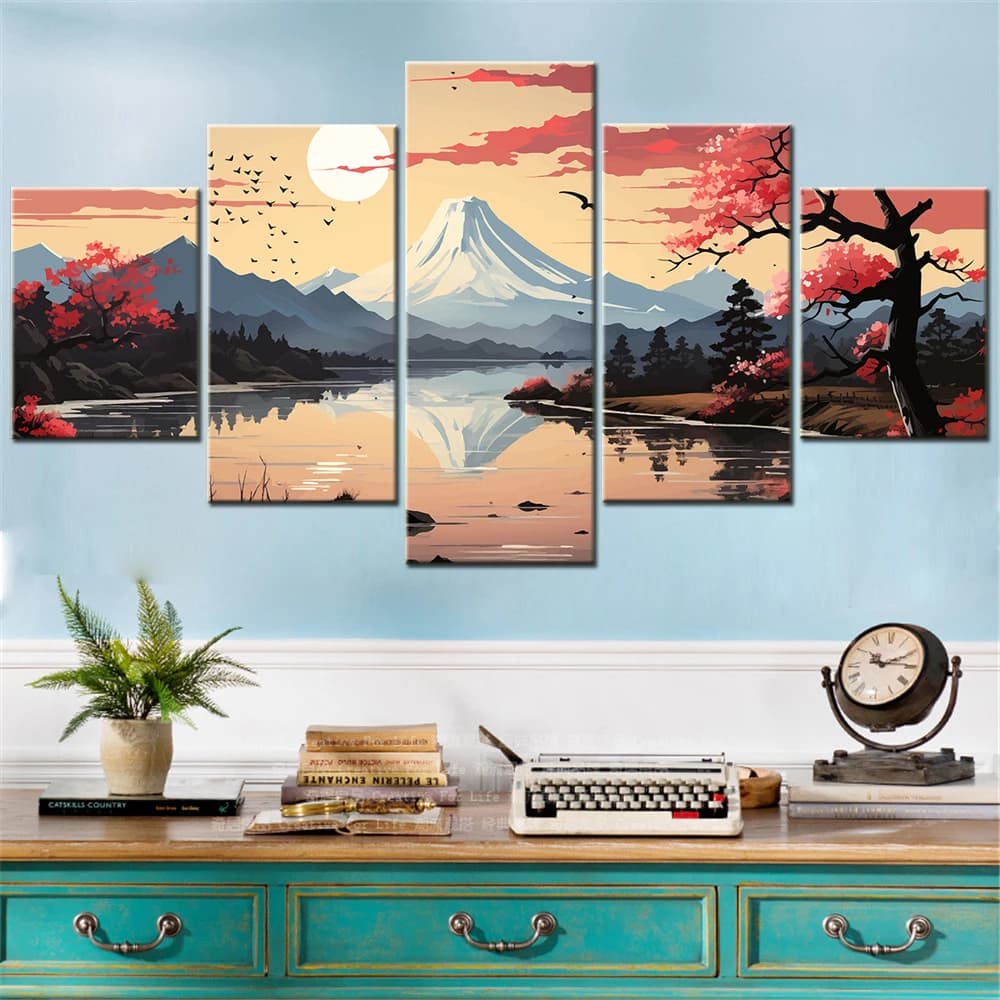 Affiche murale en toile imprimée HD, 5 pièces, Illustration vectorielle du japon, peinture de paysag