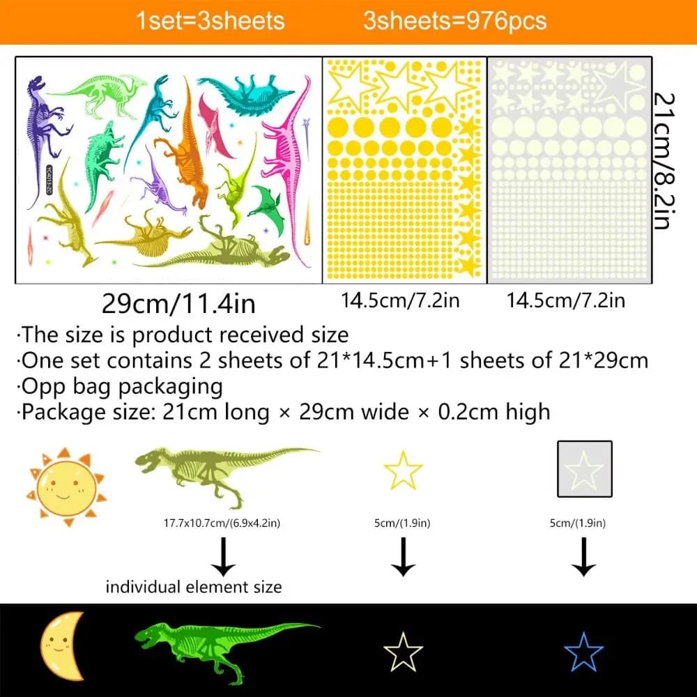 Autocollant mural sur le thème des dinosaures, étanche, auto-adhésif, étoiles, veilleuse, dessin ani