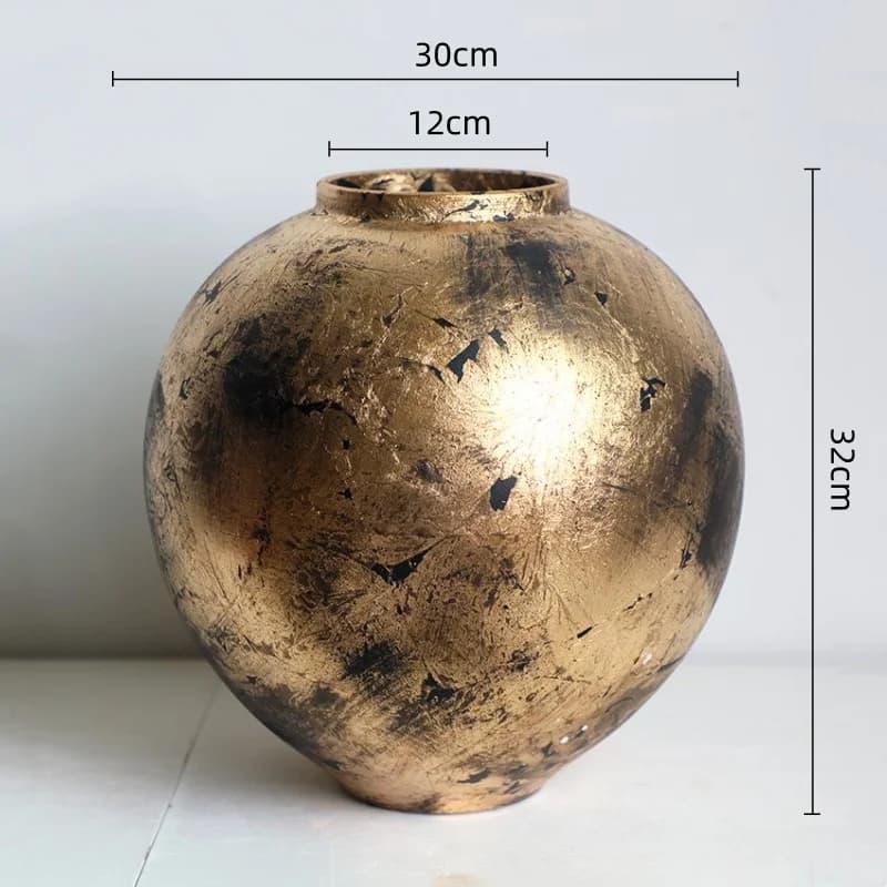 Vase Rond en Céramique Doré Rétro, Pot en Céramique Fait Main avec Feuille d'Or, Vase à Fleurs, Pot 