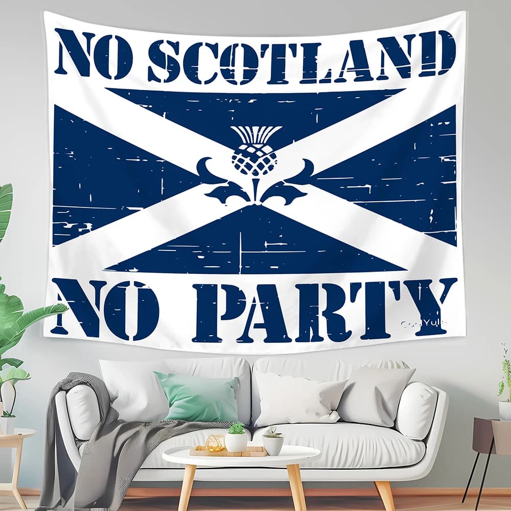 Tapisserie écossaise « No Scotland No Party », art mural rétro avec drapeau Saltire et distillier, d