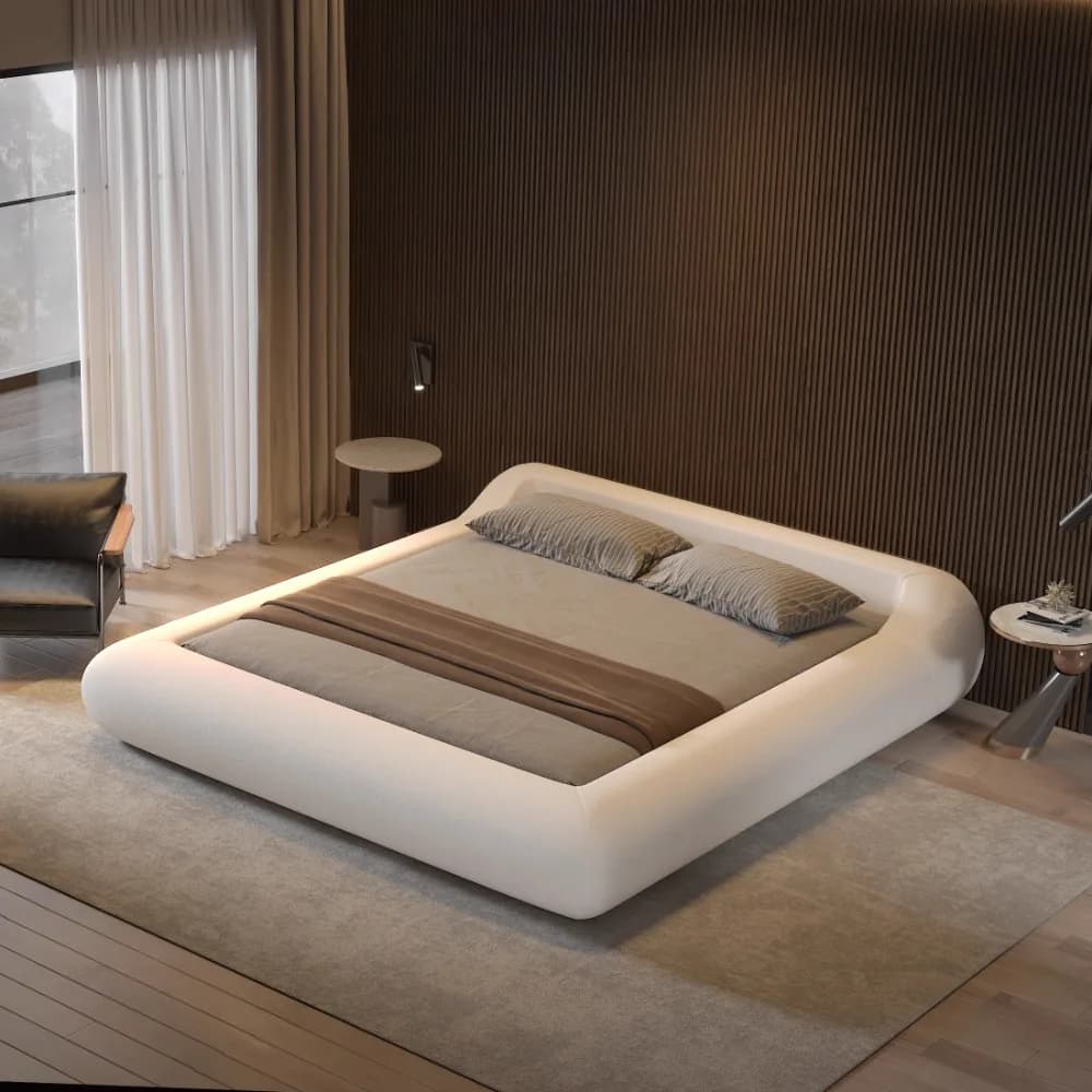Cadre de lit Queen Size blanc avec tête de lit minimaliste, lit de repos, tables de chevet modernes,