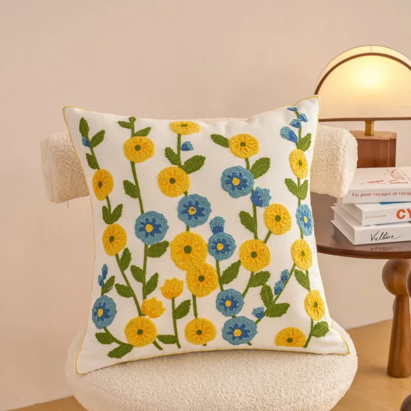Housse de coussin brodée en coton à fleurs, taie d'oreiller décorative pour la maison, le canapé et 