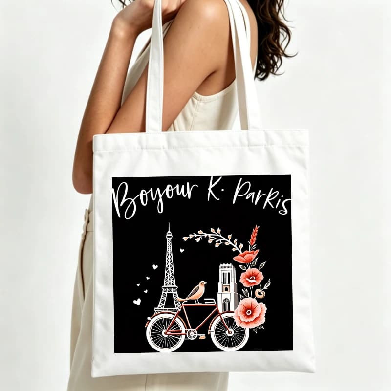 Sac fourre-tout en toile d'inspiration parisienne avec motif Tour Eiffel et imprimé floral, idéal po