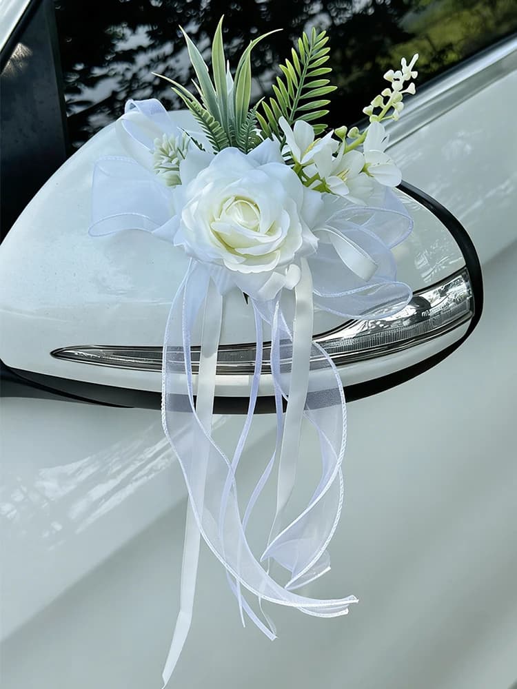 Décoration florale pour rétroviseur de voiture de mariage, rose blanche, fleurs artificielles avec r