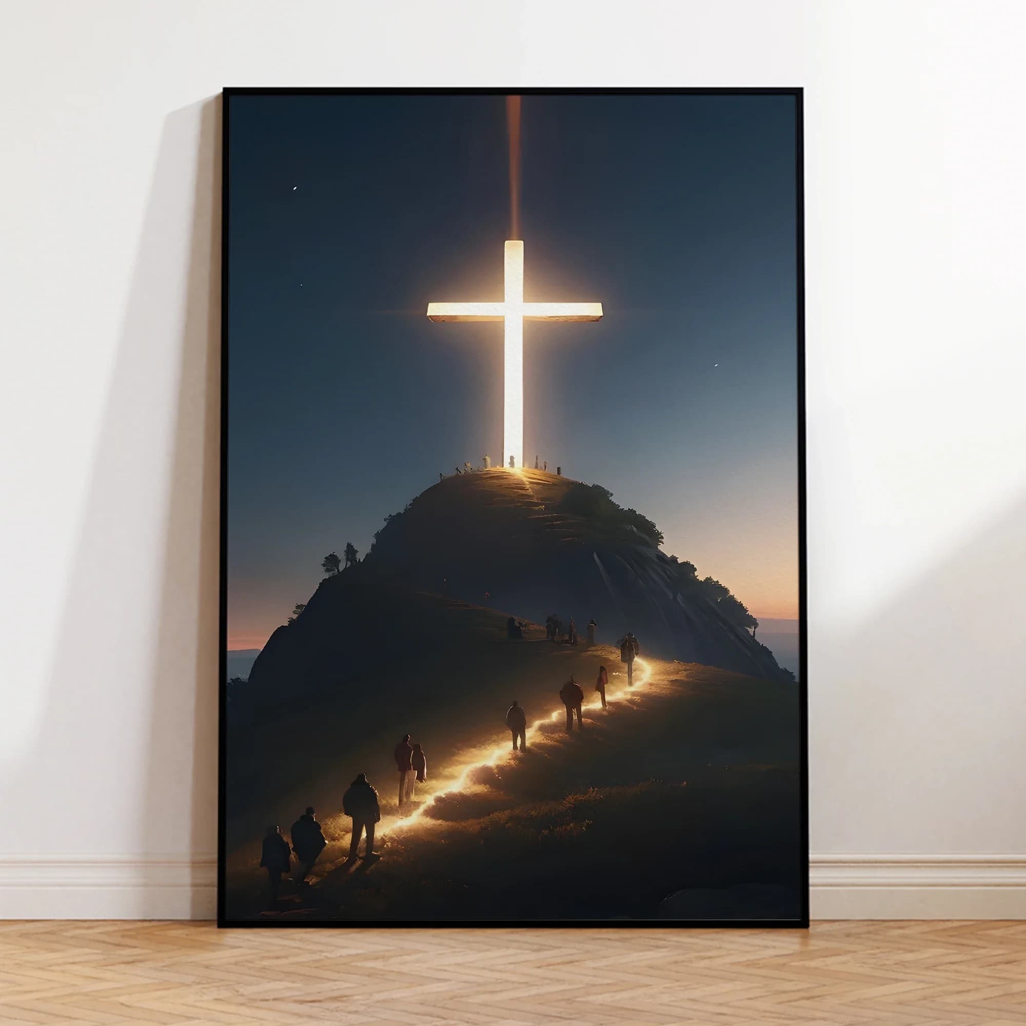 Toile d'art mural avec croix chrétienne moderne sur le dessus de la montagne, affiches de croyants d