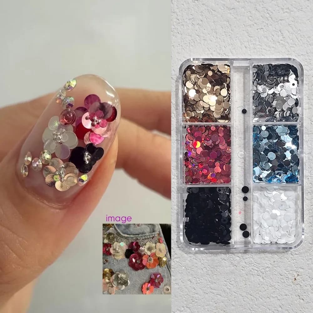 Décorations créatives pour ongles à 6 compartiments, à pois et pailletées, accessoires colorés DIY p