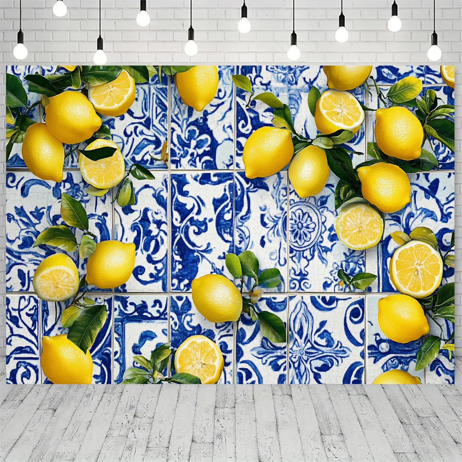 Fond de fête sur le thème du citron - motif de carrelage bleu, adapté aux fêtes d'anniversaire, aux 