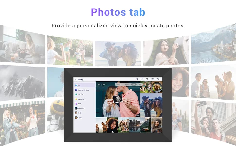 Cadre photo numérique WiFi Frameo 10,1 pouces avec calendrier, cadre photo numérique avec écran tact
