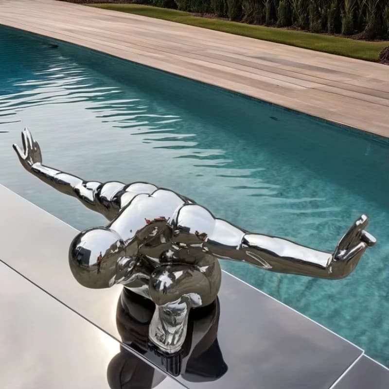 Statue de piscine décorative, Sculpture de plongeur moderne en acier inoxydable à vendre